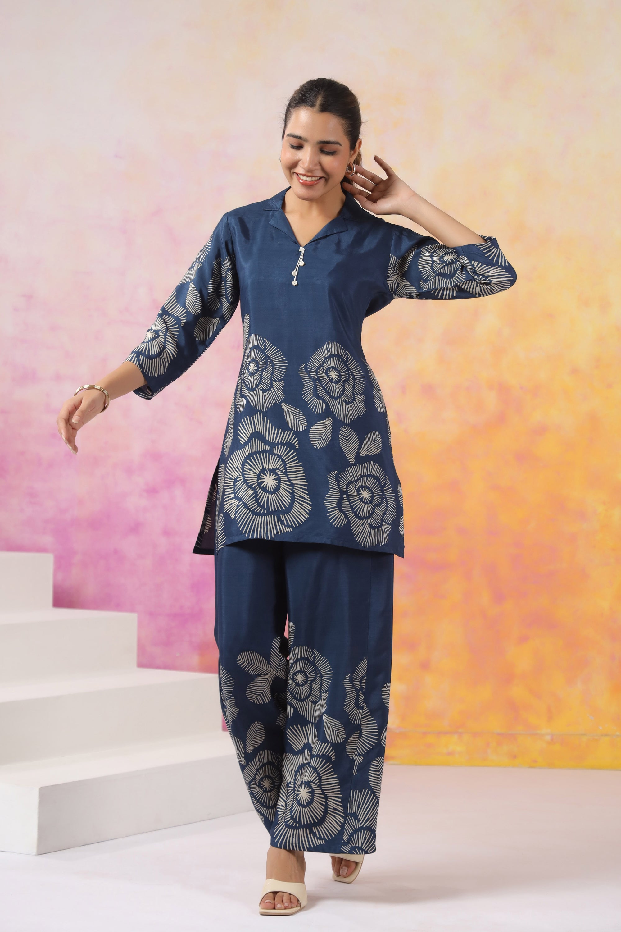 Blue Bloom Printed Russian Silk Co-ord Set