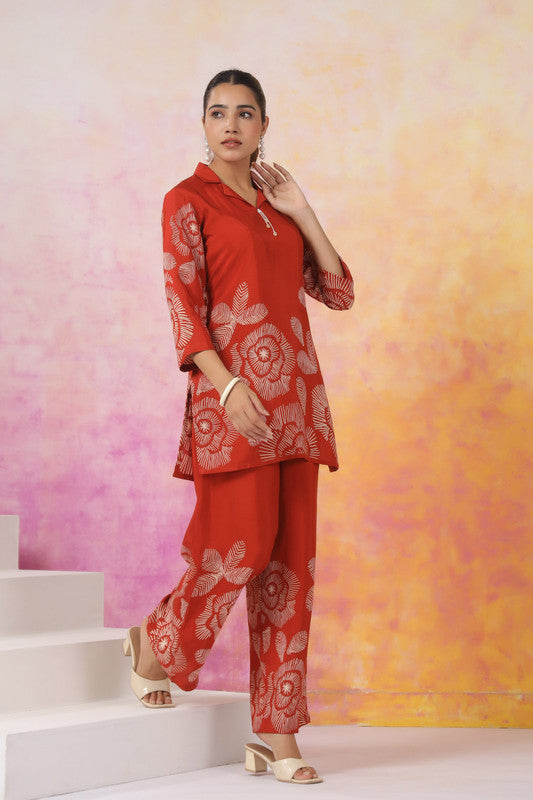 Artistic Floral Orange Printed Russian Silk Co-ord Set