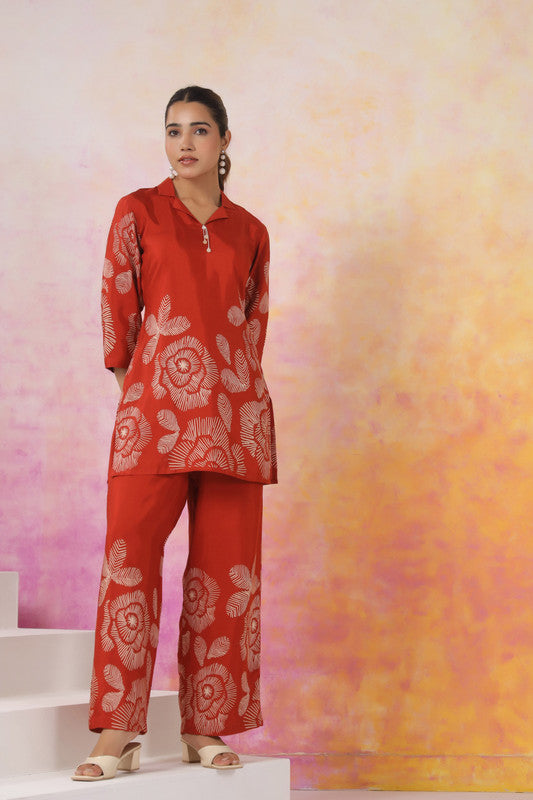 Artistic Floral Orange Printed Russian Silk Co-ord Set