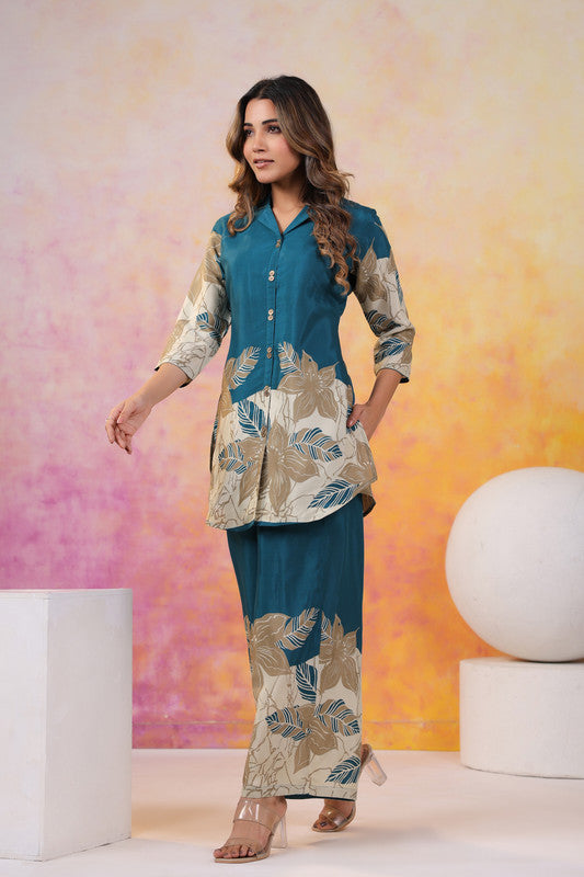 Teal Beige Blossom Russian Silk Co-ord Set
