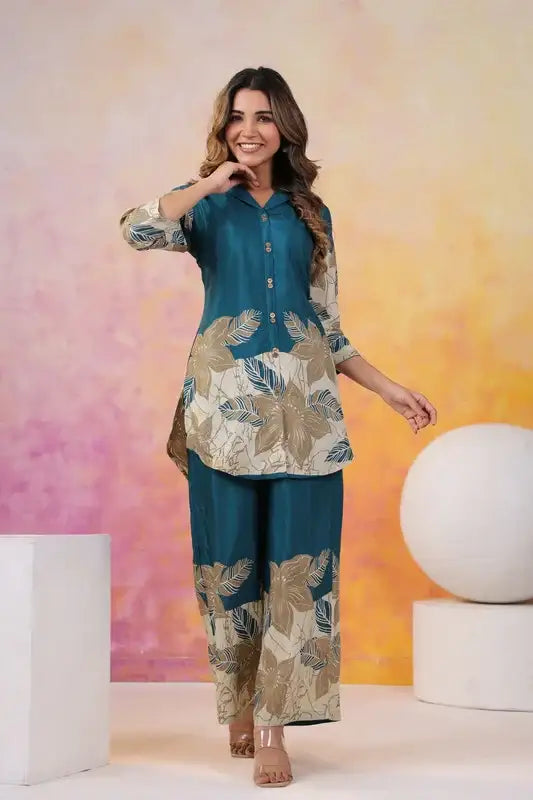 Teal Beige Blossom Russian Silk Co-ord Set