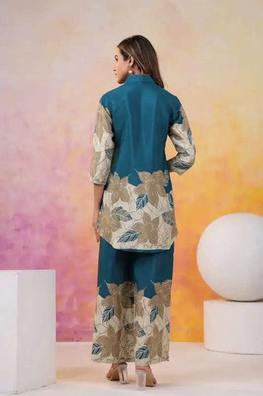Teal Beige Blossom Russian Silk Co-ord Set