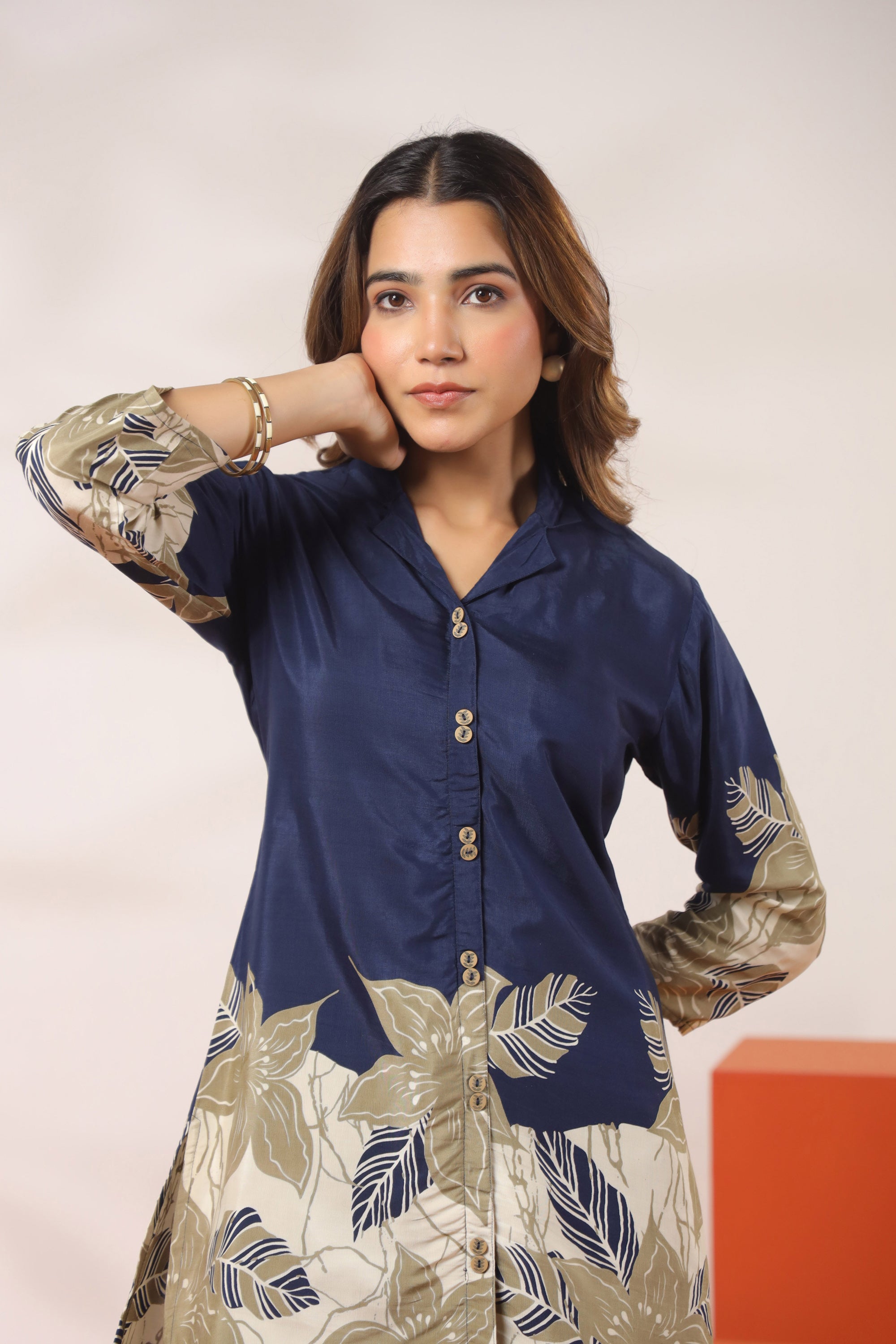 Blue Floral Printed Russian Silk Co-ord Set