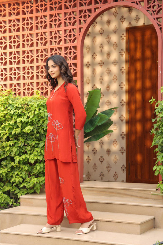 Rust Red Floral Embroidered Russian Silk Co-ord Set