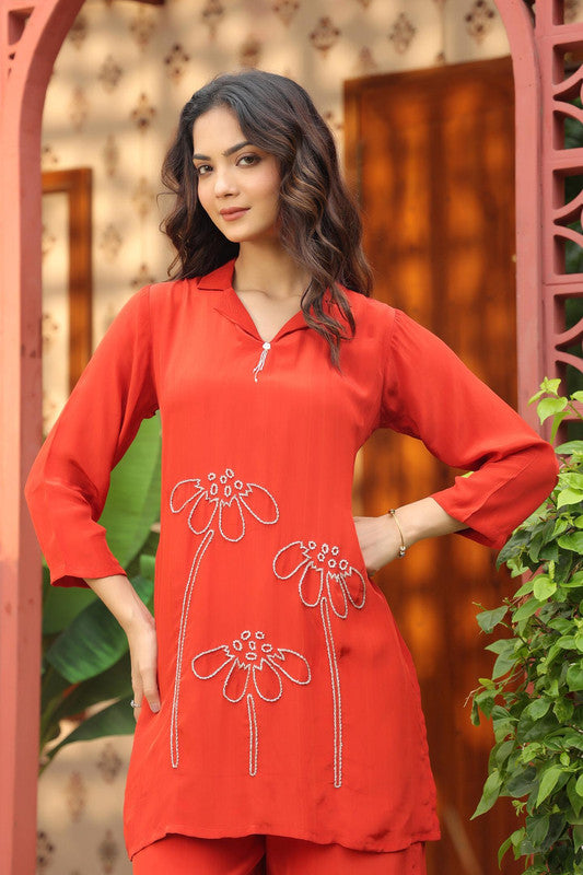 Rust Red Floral Embroidered Russian Silk Co-ord Set