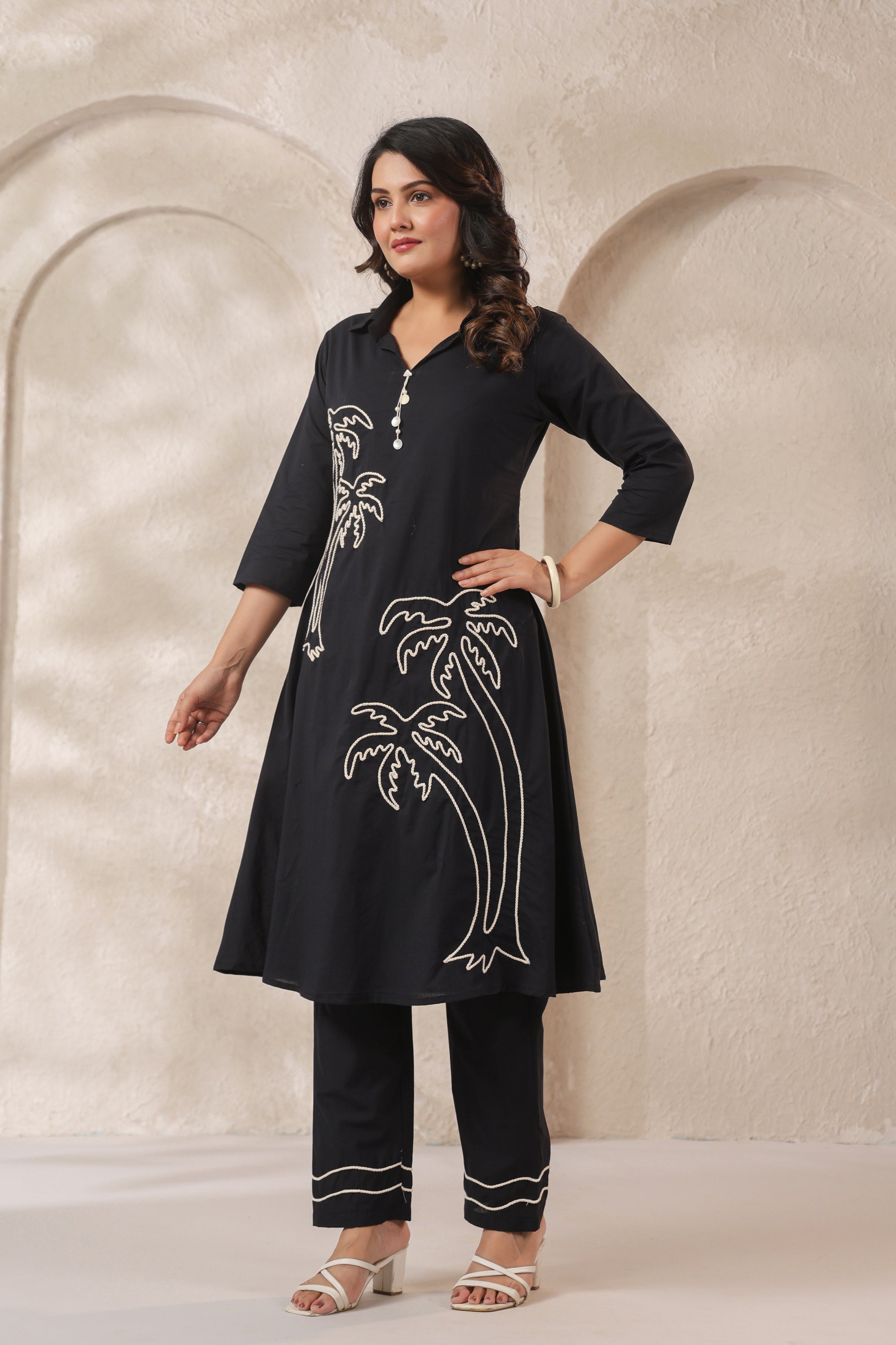 Midnight Black Palm Embroidered Cotton Co-ord Set