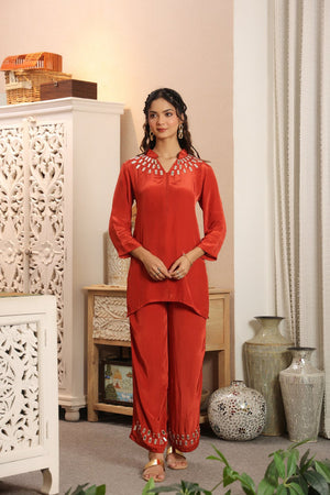 Rust Embellished Mirror Russian Silk Co-ord Set
