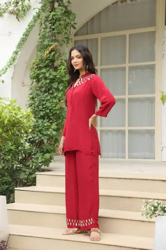 Mirror Embellished Maroon Co-ord Set