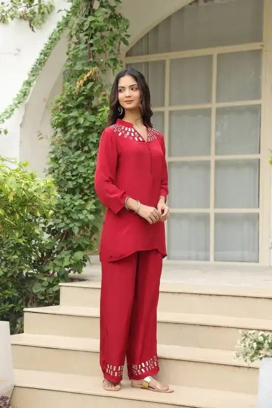 Mirror Embellished Maroon Co-ord Set
