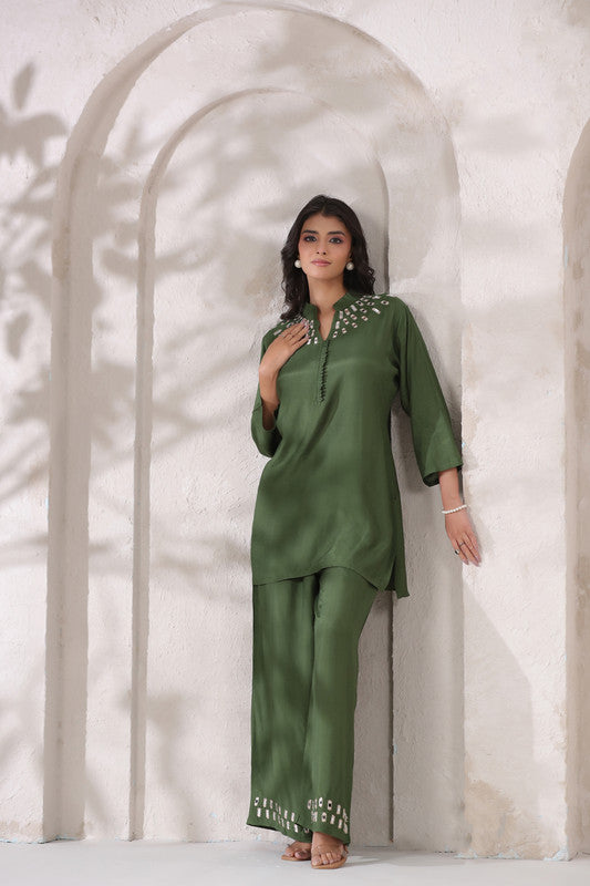 Olive Green Mirror Hand Work Muslin Silk Co-ord Set
