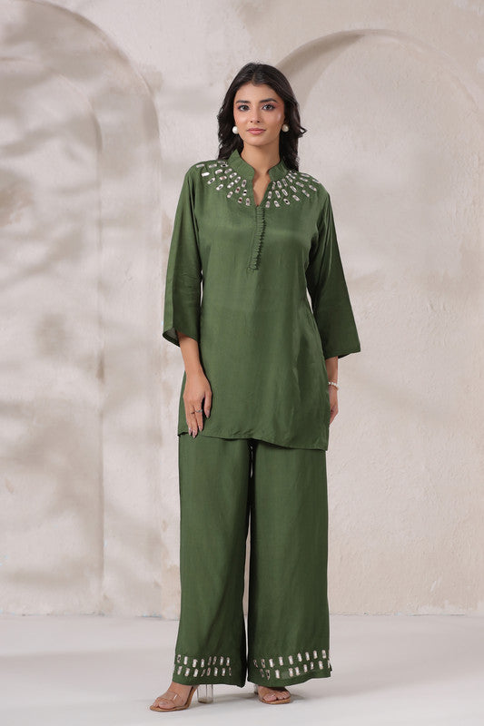 Olive Green Mirror Hand Work Muslin Silk Co-ord Set