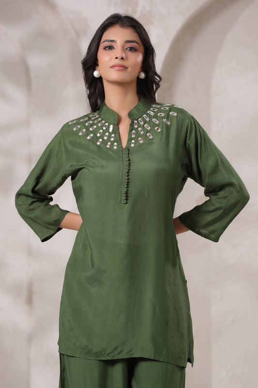 Olive Green Mirror Hand Work Muslin Silk Co-ord Set