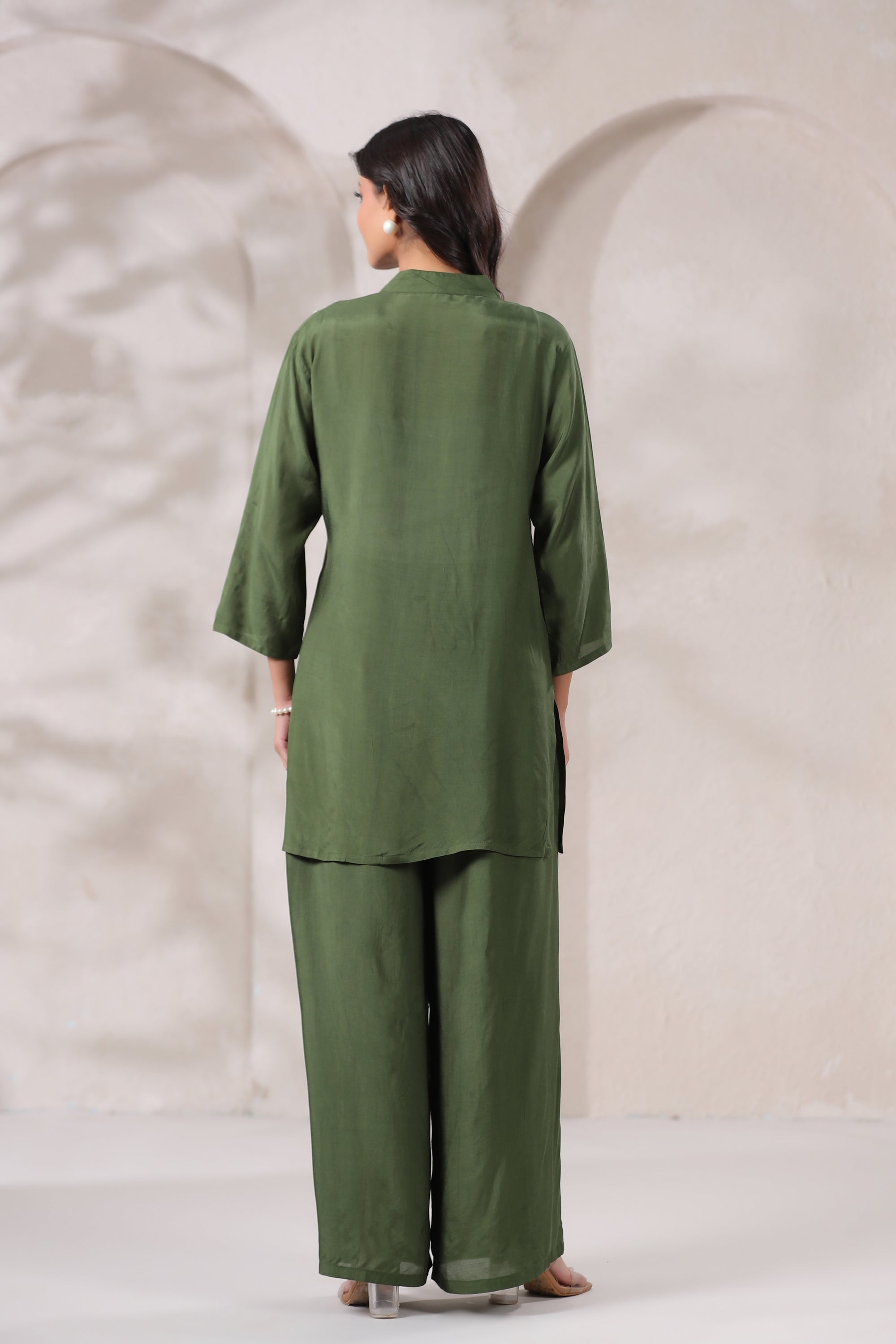 Olive Green Mirror Hand Work Muslin Silk Co-ord Set