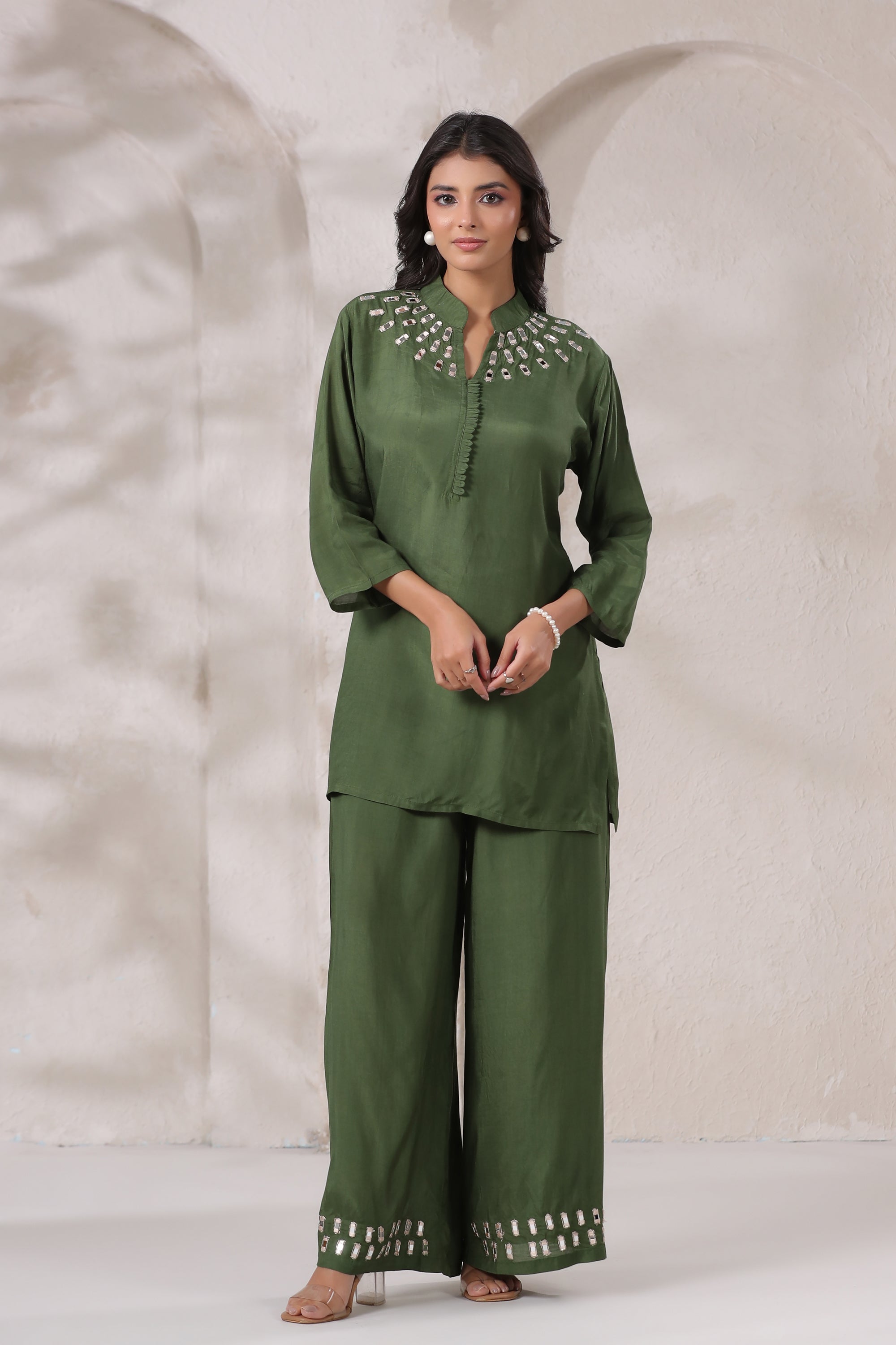 Olive Green Mirror Hand Work Muslin Silk Co-ord Set