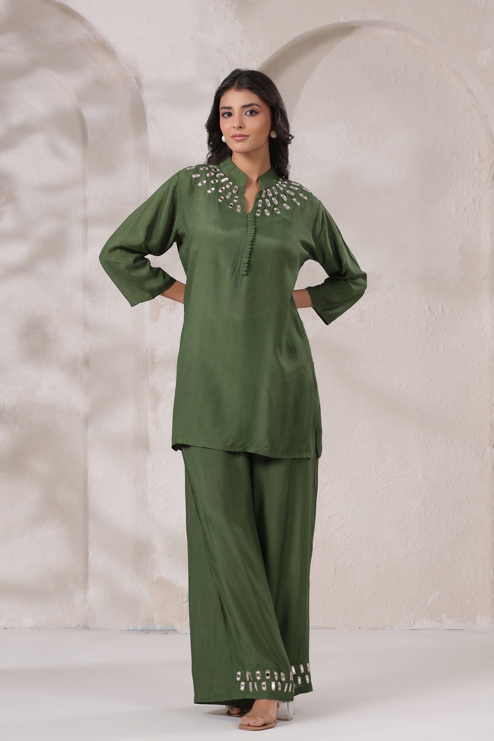 Olive Green Mirror Hand Work Muslin Silk Co-ord Set