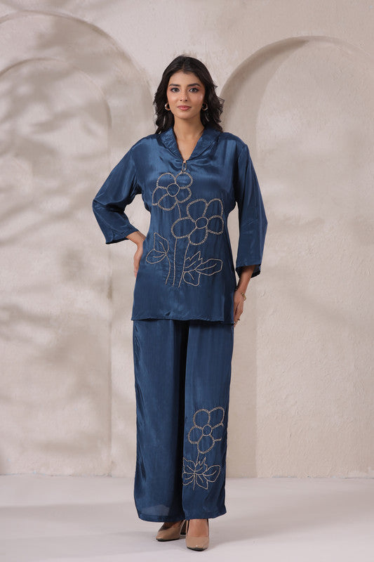 Blue Embroidered Tunic Russian Silk Co-ord Set
