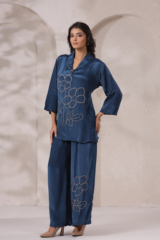 Ocean Blue Hand Embroidered Natural Crepe Co-ord Set
