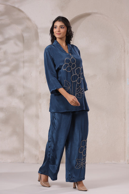 Ocean Blue Hand Embroidered Natural Crepe Co-ord Set
