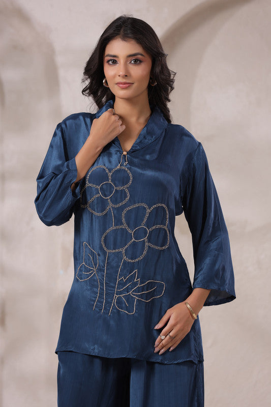 Blue Embroidered Tunic Russian Silk Co-ord Set