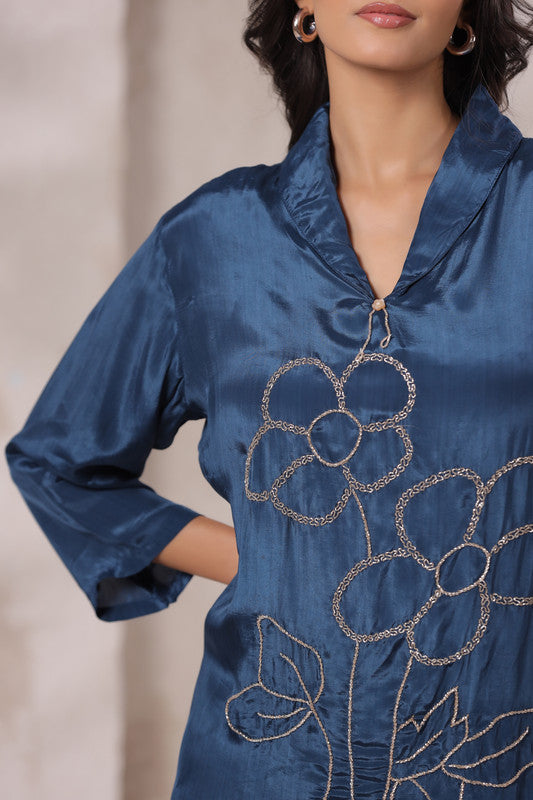 Blue Embroidered Tunic Russian Silk Co-ord Set