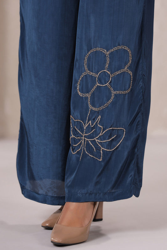 Blue Embroidered Tunic Russian Silk Co-ord Set