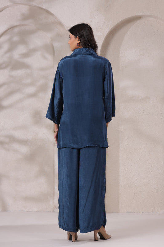 Ocean Blue Hand Embroidered Natural Crepe Co-ord Set