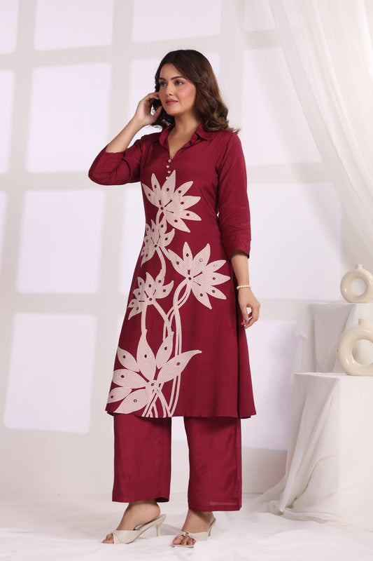 Crimson Leaf Symphony Russian Silk Co-ord Set