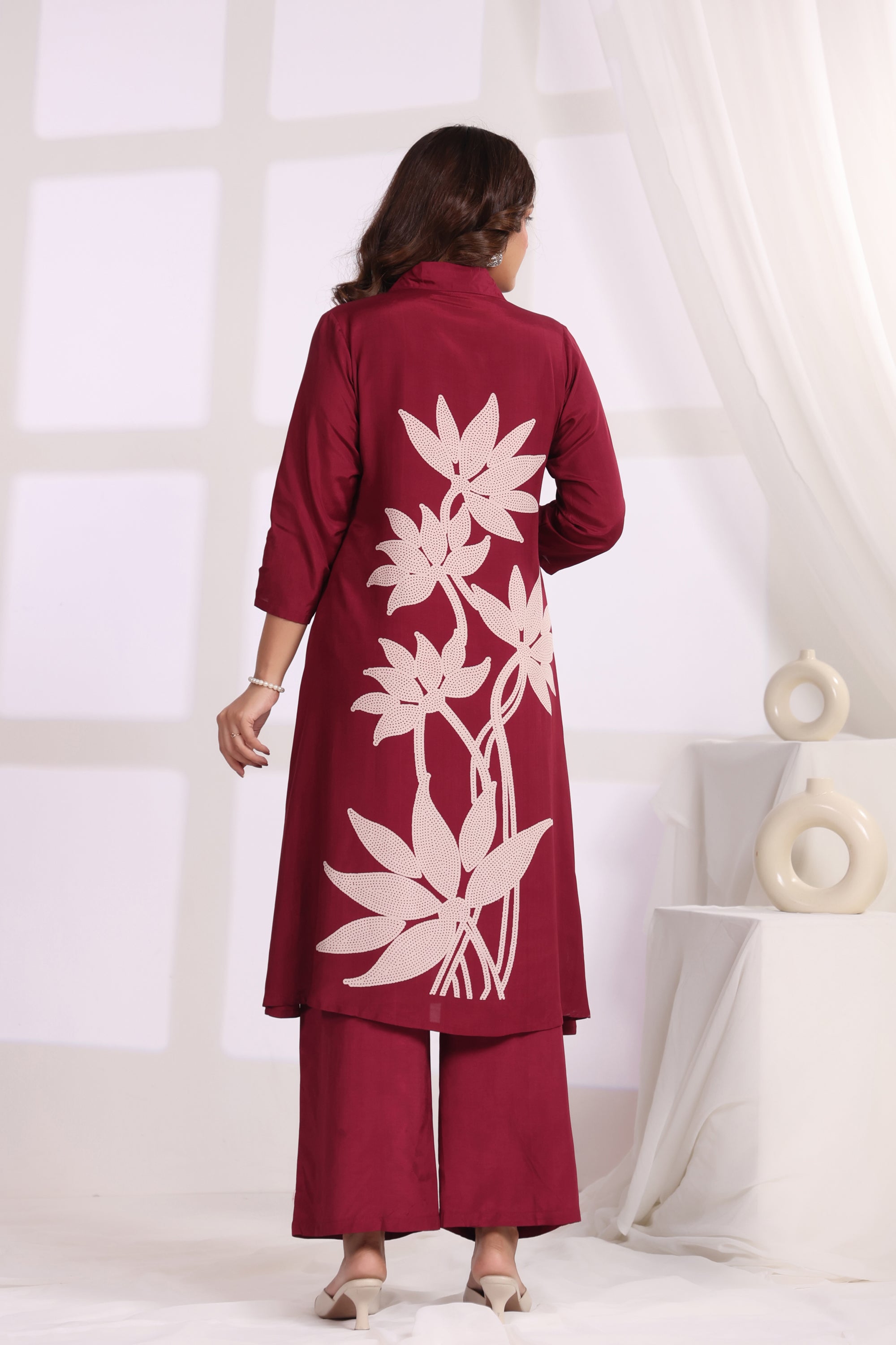 Crimson Leaf Symphony Russian Silk Co-ord Set
