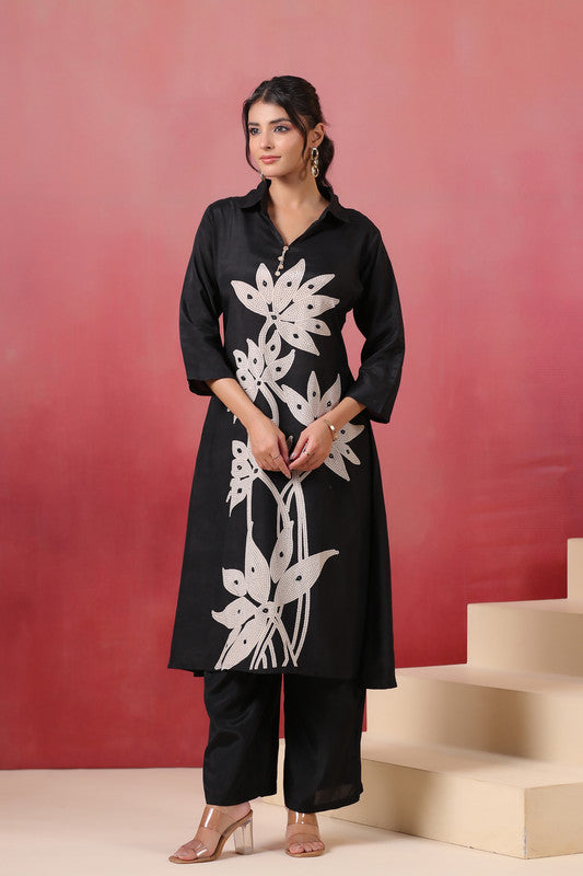 Black Hand Embroidered Russian Silk Co-ord Set