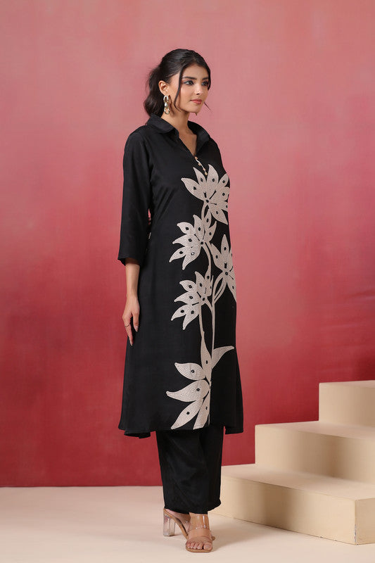 Black Hand Embroidered Russian Silk Co-ord Set