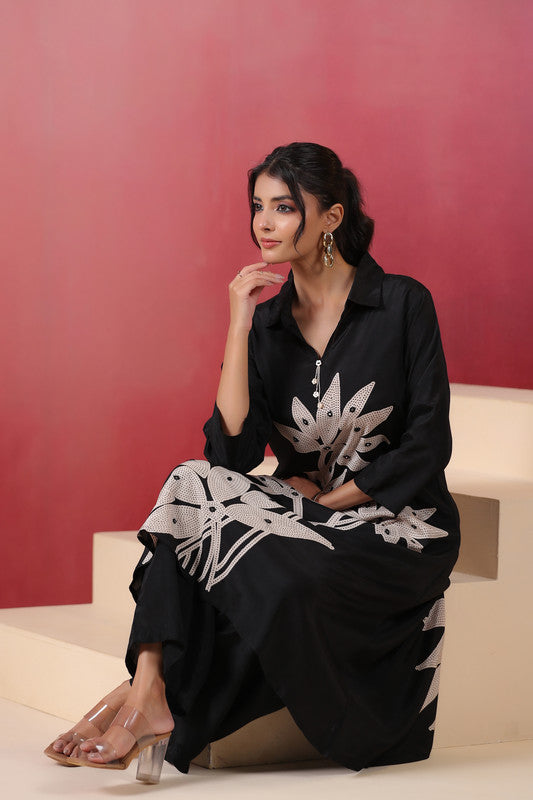 Black Hand Embroidered Russian Silk Co-ord Set