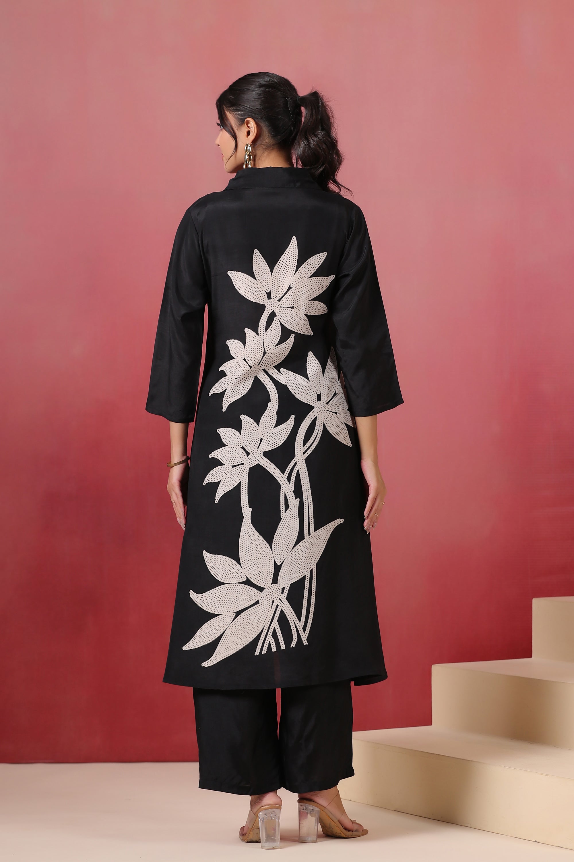 Black Hand Embroidered Russian Silk Co-ord Set