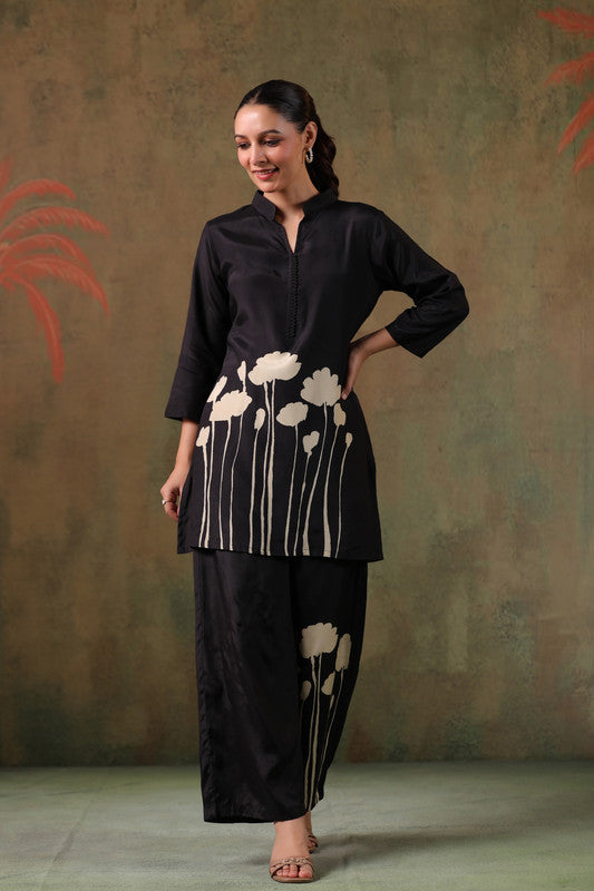 Elegant Midnight Floral Printed Russian Silk Co-ord Set
