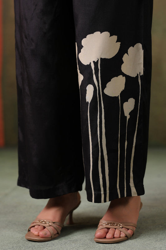 Elegant Midnight Floral Printed Russian Silk Co-ord Set