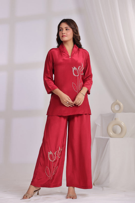 Ruby Red Tulip Embroidered Natural crepe Co-ord Set