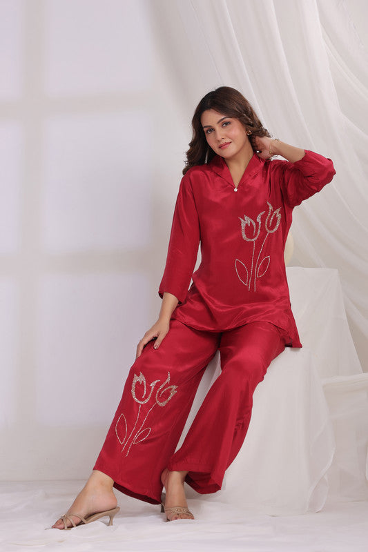 Ruby Red Tulip Embroidered Natural crepe Co-ord Set