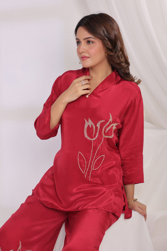 Ruby Red Tulip Embroidered Natural crepe Co-ord Set