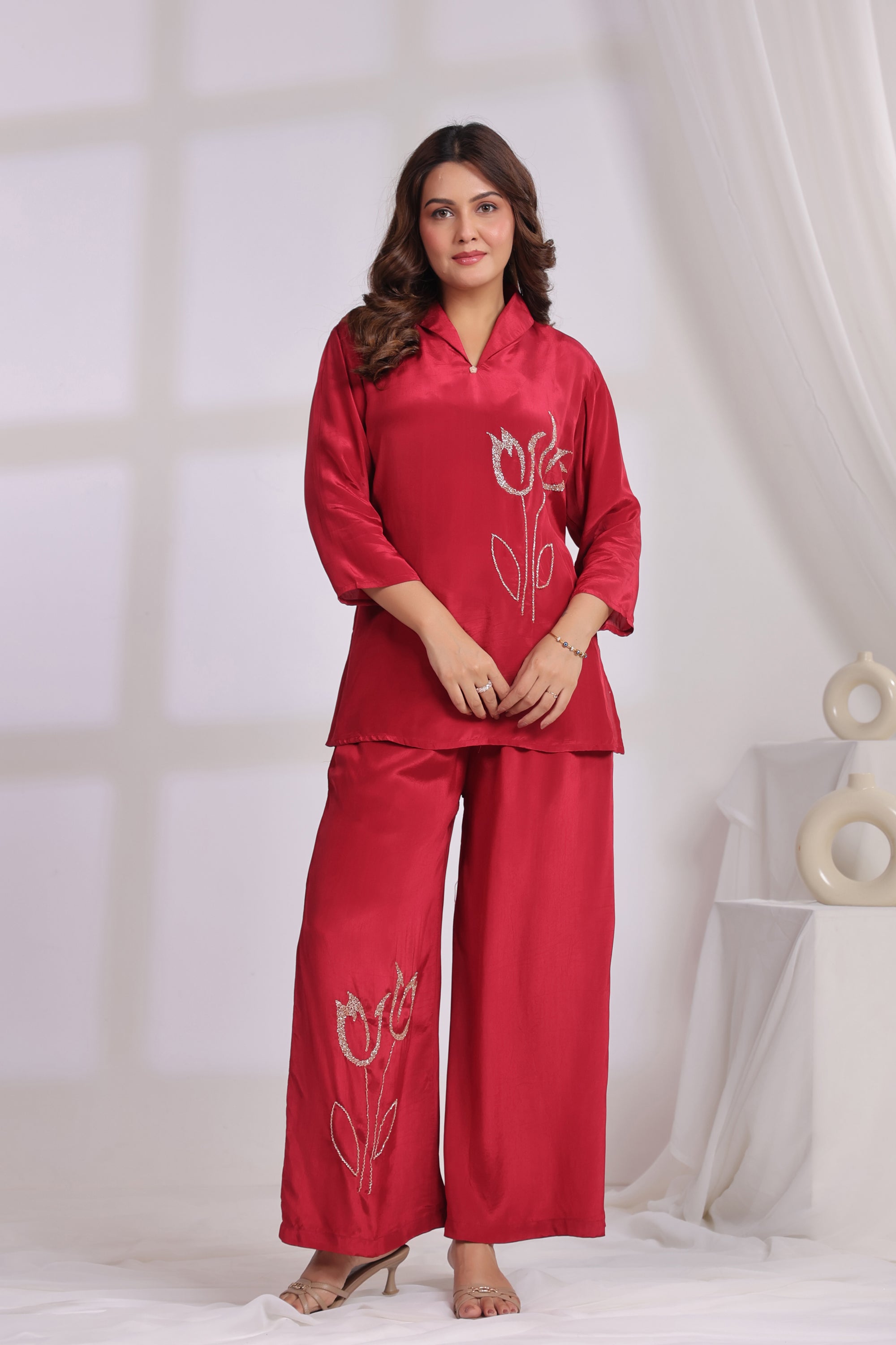 Ruby Red Tulip Embroidered Natural crepe Co-ord Set