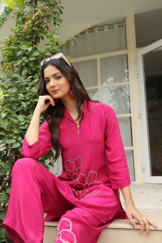 Magenta Blossom Embroidered Natural Crepe Co-ord Set