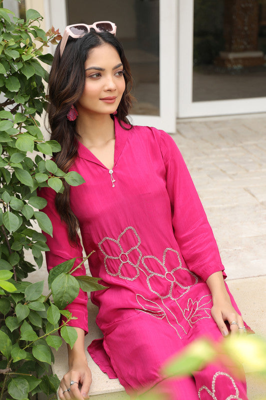 Magenta Blossom Embroidered Natural Crepe Co-ord Set