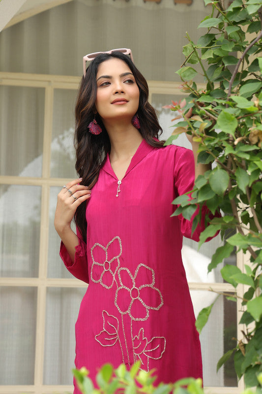 Magenta Blossom Embroidered Natural Crepe Co-ord Set