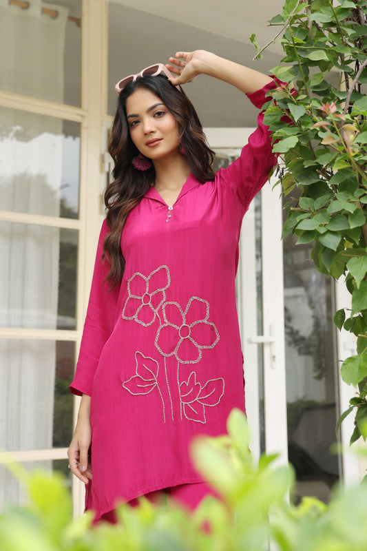 Magenta Blossom Embroidered Natural Crepe Co-ord Set