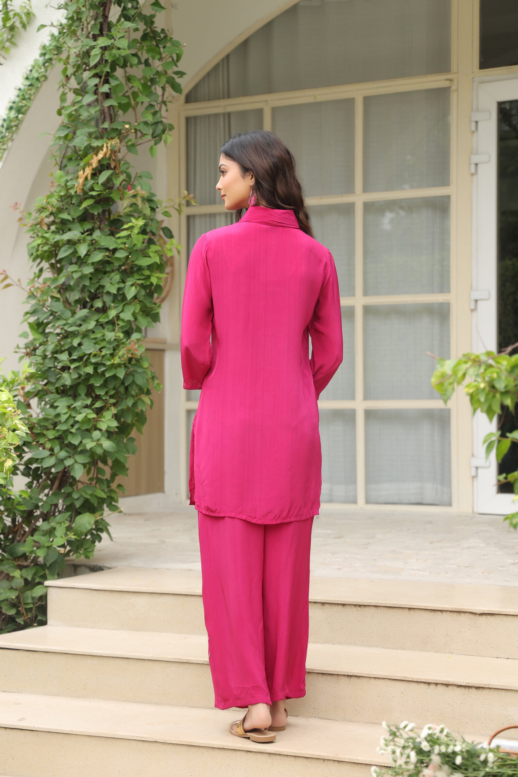 Magenta Blossom Embroidered Natural Crepe Co-ord Set