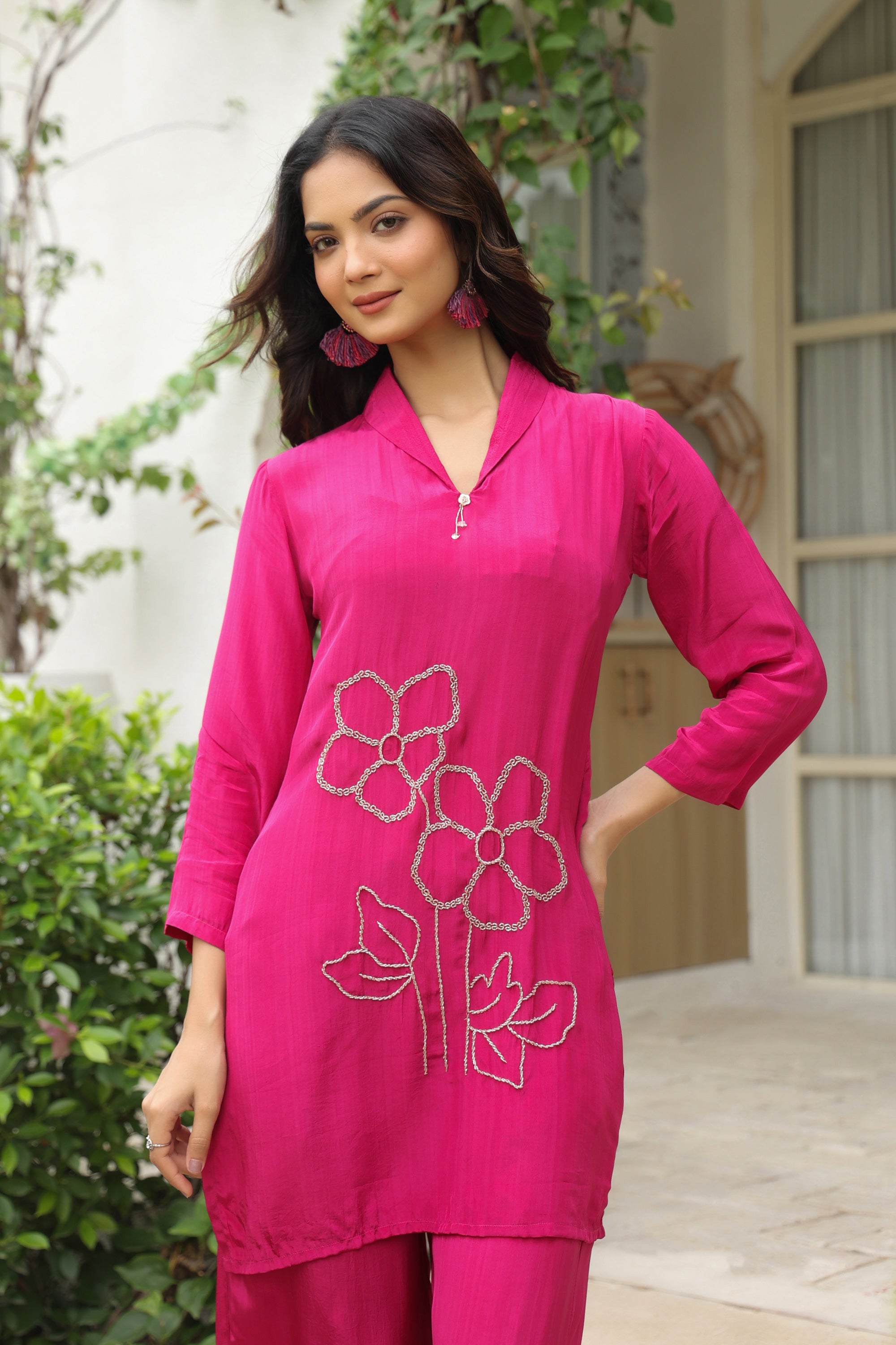 Magenta Blossom Embroidered Natural Crepe Co-ord Set