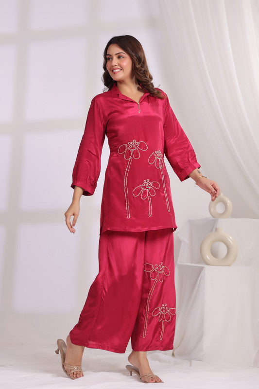 Pink Embroidered Tunic Russian Silk Co-ord Set