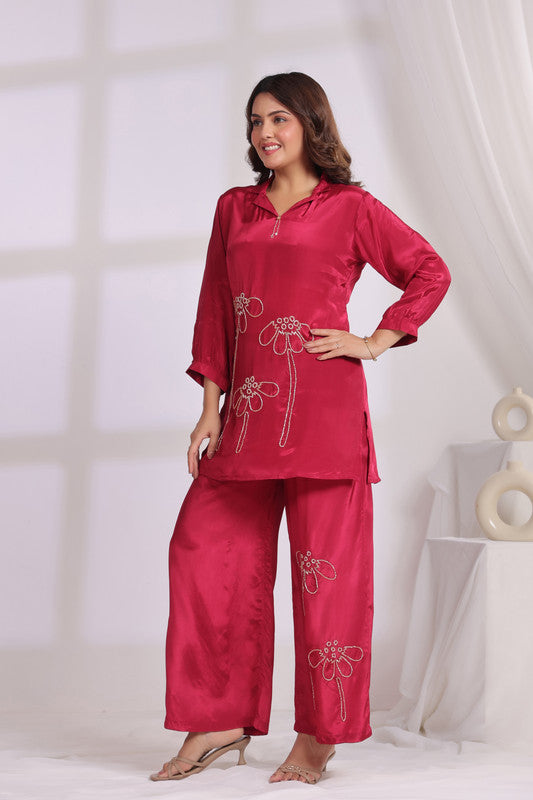 Pink Embroidered Tunic Russian Silk Co-ord Set