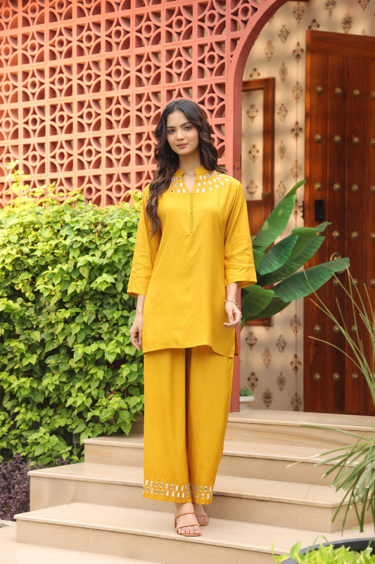 Mustard Yellow Mirror Work Russian Silk Co-ord Set
