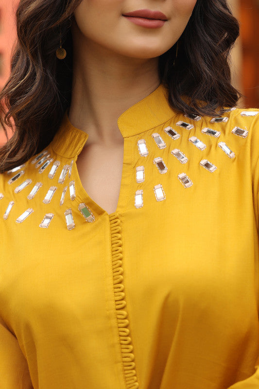 Mustard Yellow Mirror Work Russian Silk Co-ord Set