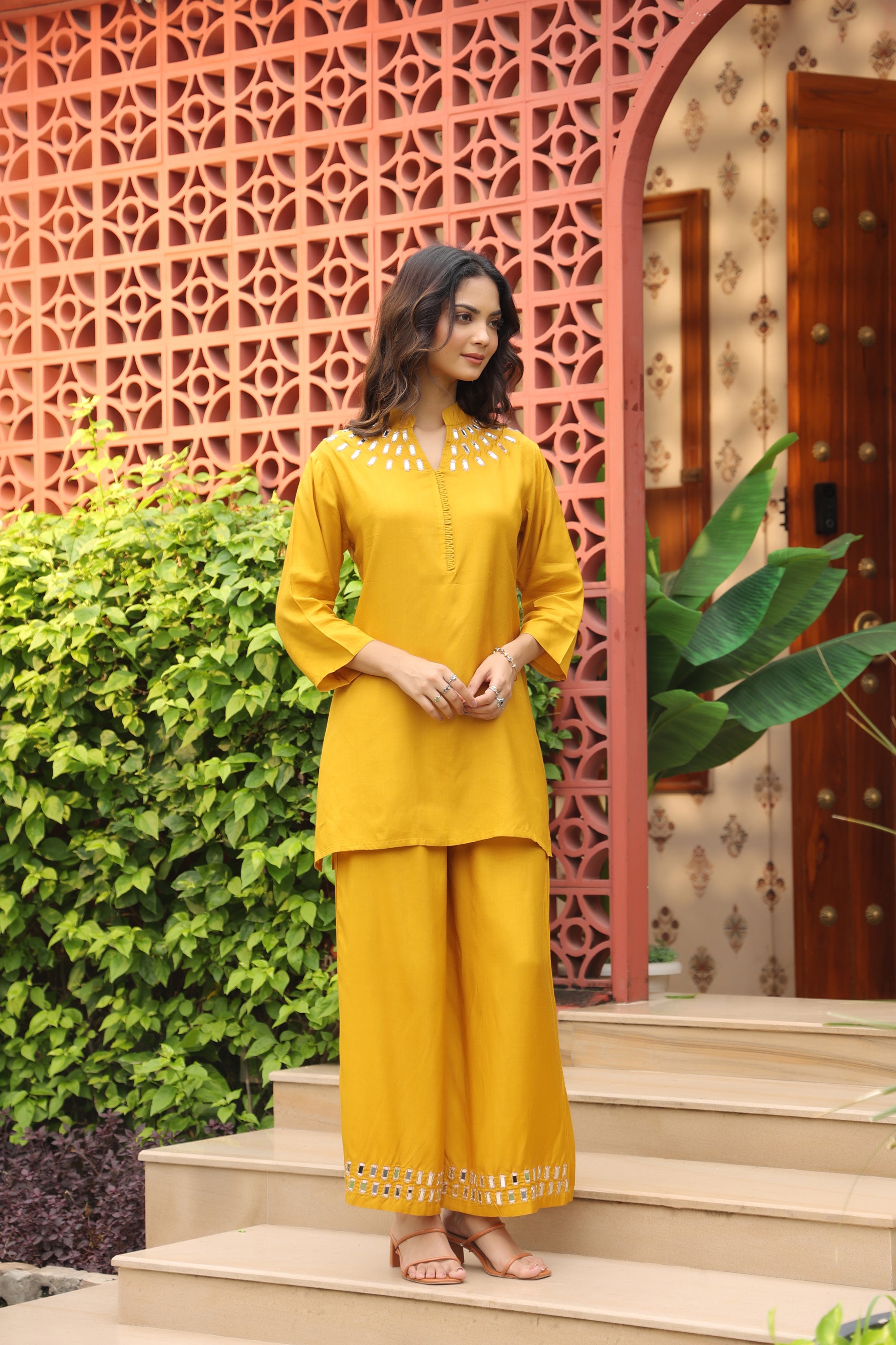 Mustard Mirror Hand Work Russian Silk Co-ord Set