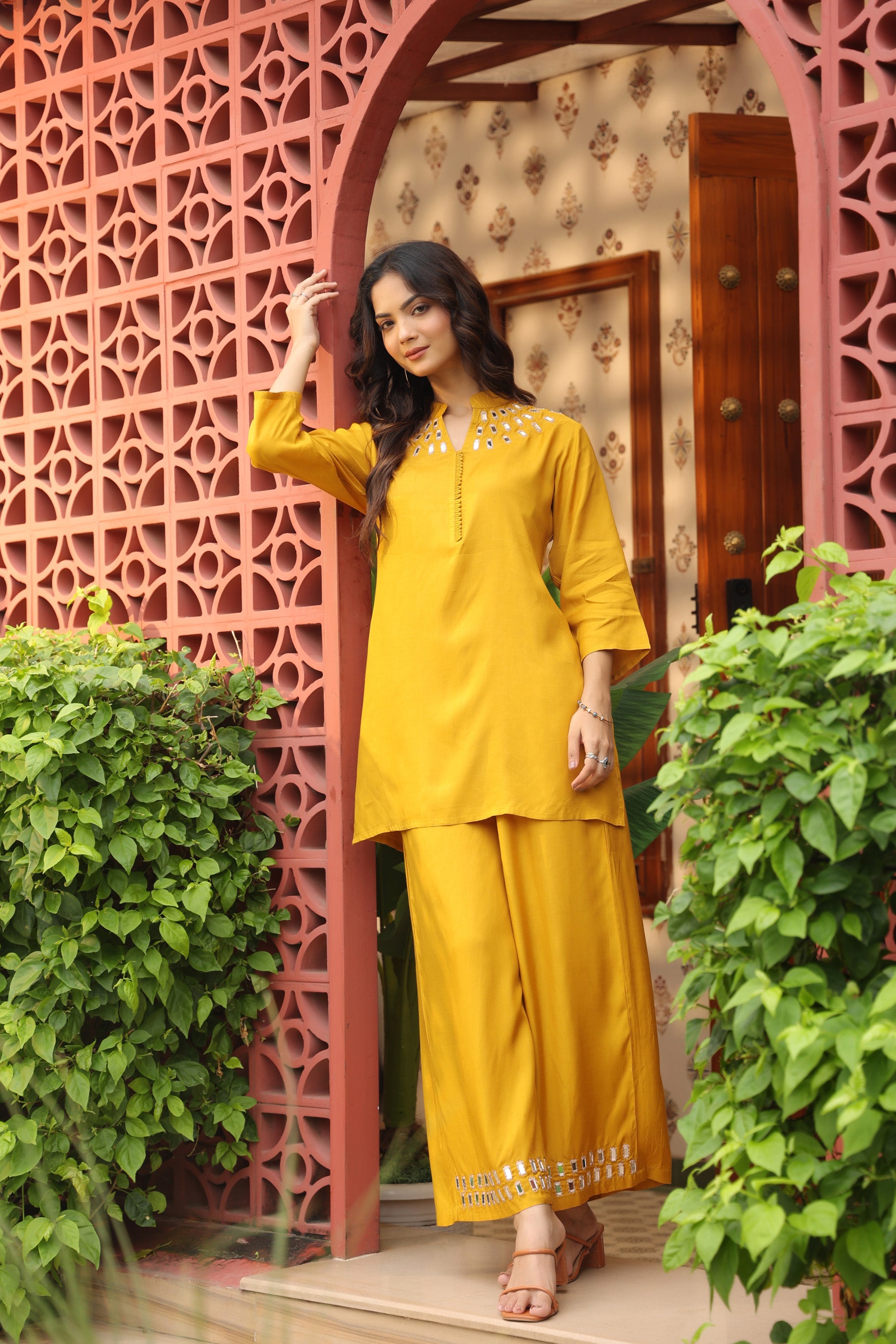 Mustard Mirror Hand Work Russian Silk Co-ord Set